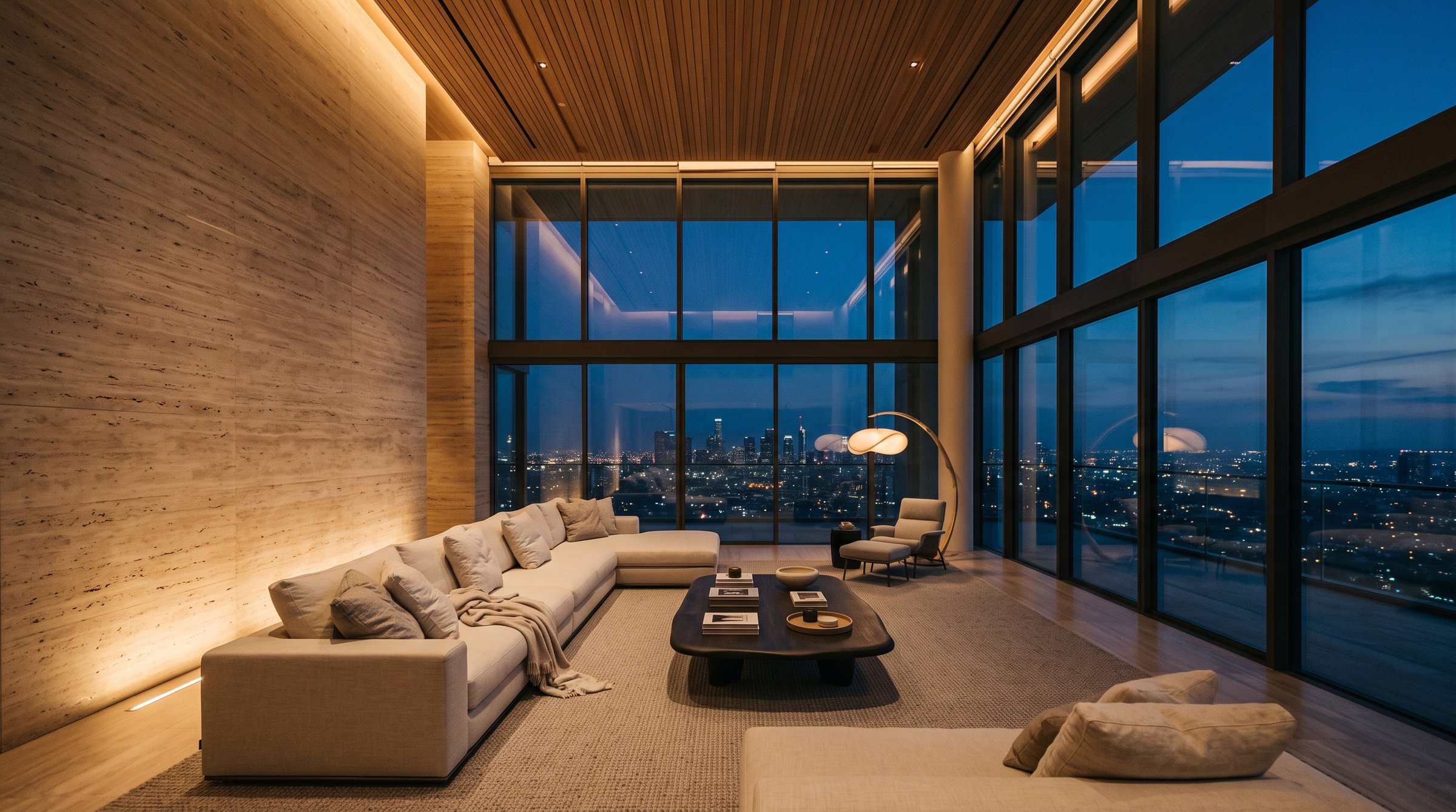 3D render dnevnog boravka penthousea sa staklenim stijenama noću
